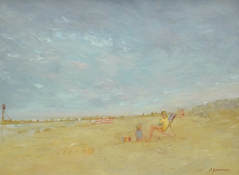 Peter Jamieson (b.1945), oil on canvas board, 'On the Beach', signed, 25 x 33cm, gilt framed. Condition - good